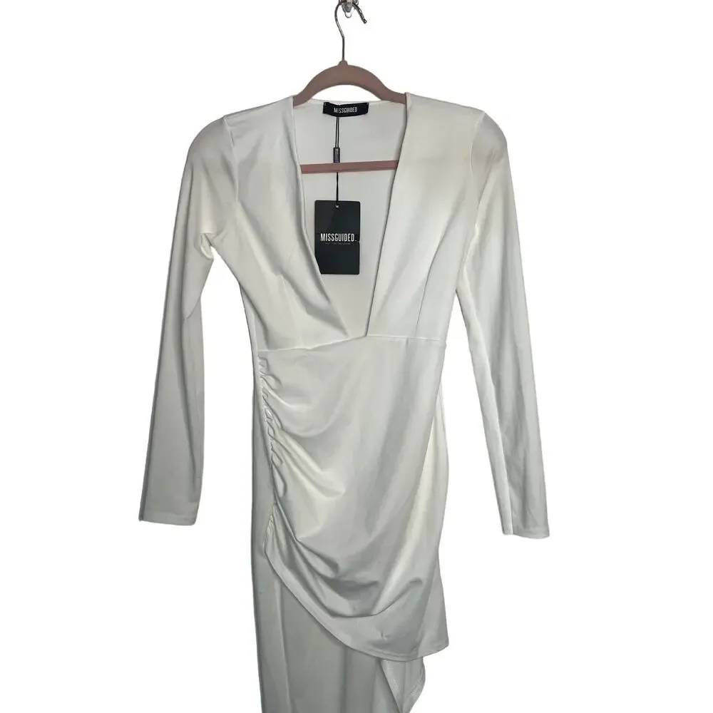 NWT Missguided Long Sleeve Asymmetrical Low Cut V Neck Bodycon White Dress 2 - Picture 2 of 6